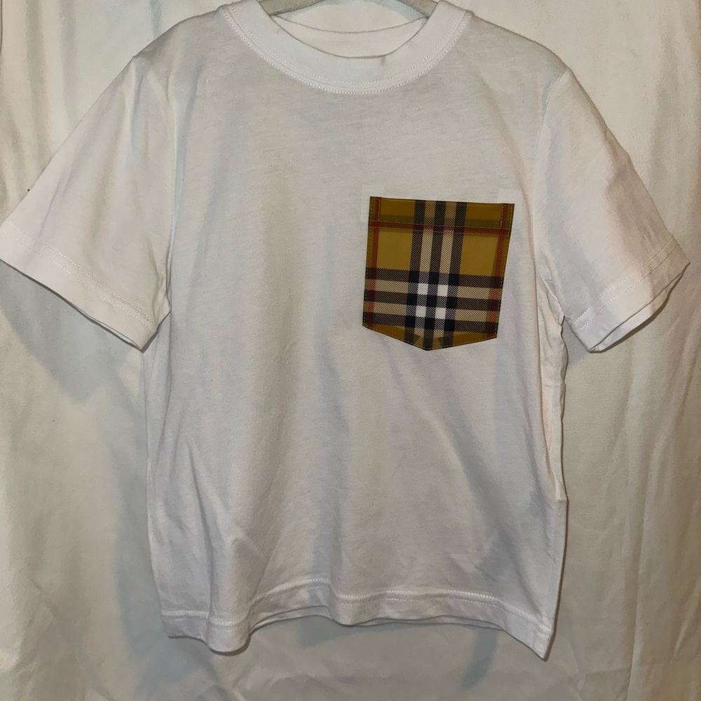 Kids White Burberry T-Shirt with Classic Plaid Pocket